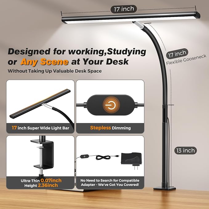 Airlonv LED Desk Lamp for Office Home, Eye-Caring Desk Light with Stepless Dimming Adjustable Flexible Gooseneck, 10W USB Adapter Desk Lamp with Clamp for Reading, Study, Workbench (Black)