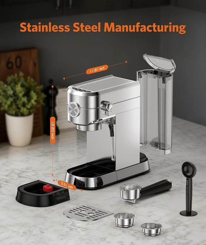 COWSAR Espresso Machine,Expresso Coffee Machines,Espresso Maker with Milk Frother Steam Wand & 40oz Removable Water Tank，Stainless Steel Compact Cappuccino & Latte Machine