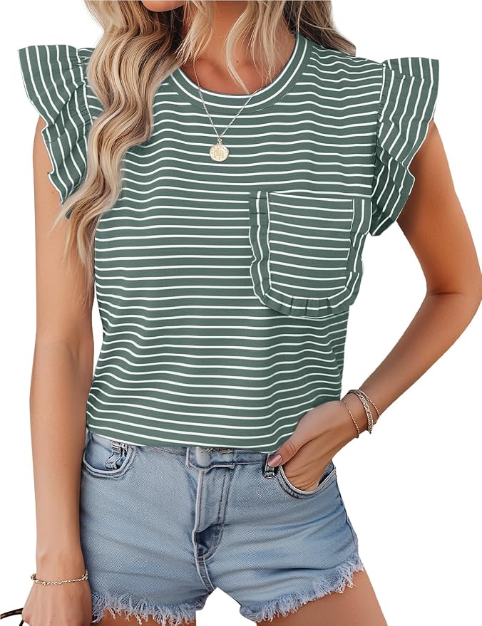 JUSTFASHIONNOW Womens Summer Tops Striped T-Shirts 2026 Ruffle Short Sleeve Crew Neck Casual Blouses with Pocket