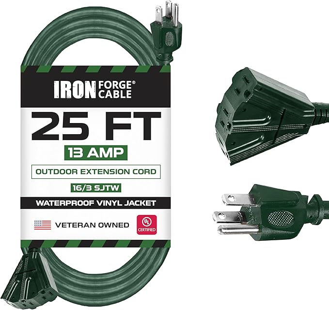 IRON FORGE CABLE 25 Foot Outdoor Extension Cord with 3 Electrical Power Outlets - 16/3 SJTW Durable Green Extension Cable with 3 Prong Grounded Plug for Safety