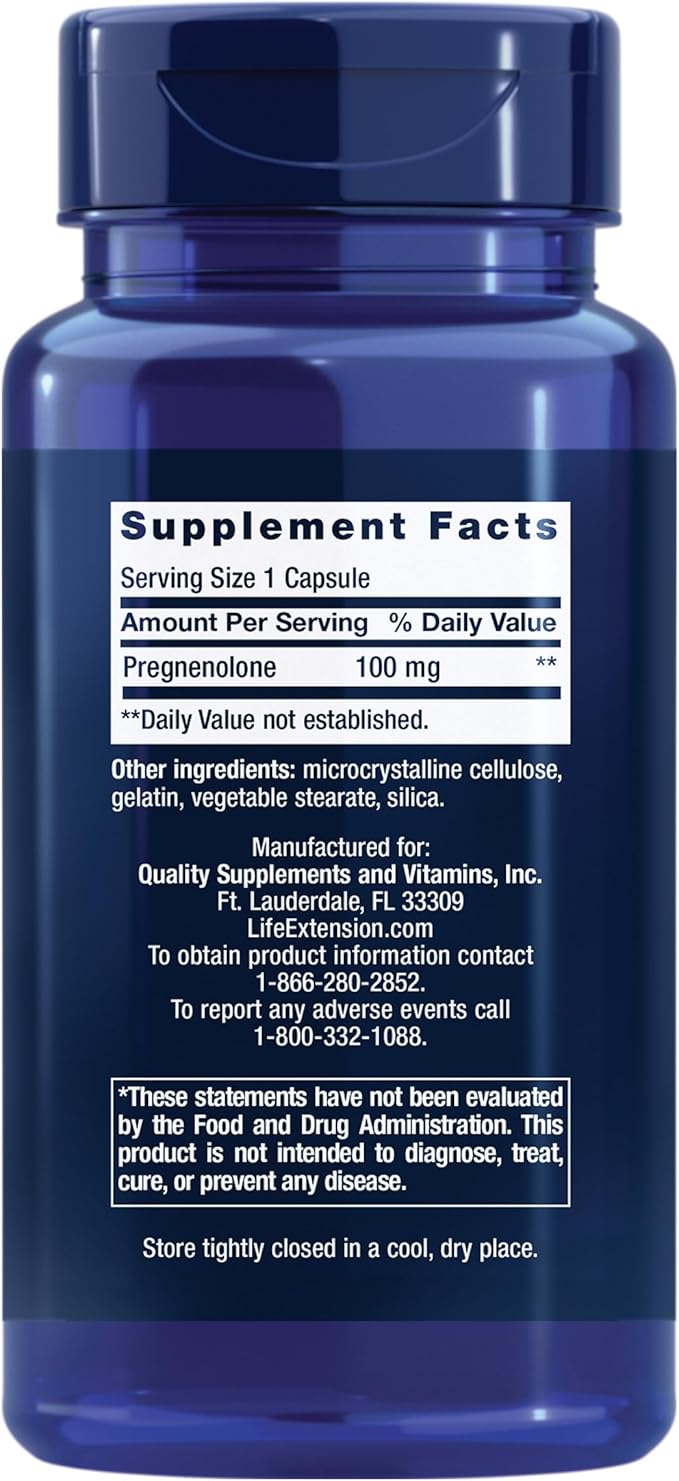 Life Extension Pregnenolone - Hormone Balance Supplement for Healthy Hormone Levels, 100 mg - Hormone Balance, Memory, Focus, Cognitive Health - Gluten-Free, Non-GMO, 100 Capsules