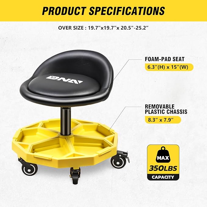 DNA Motoring 350 LBS Rolling Garage Stool, 20.5'' to 25.2'' Adjustable Height Foam-pad Seat, Round Tools Stool, Heavy Duty 3'' Wheels with 2 Brakes, TOOLS-00431