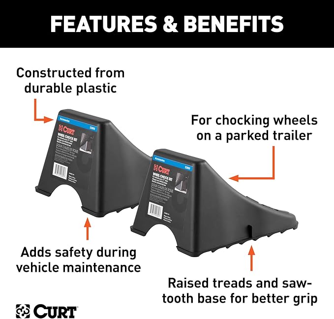 CURT 22800 Black Plastic Wheel Chocks, Vehicle, Trailer, Truck, RV, 2-Pack