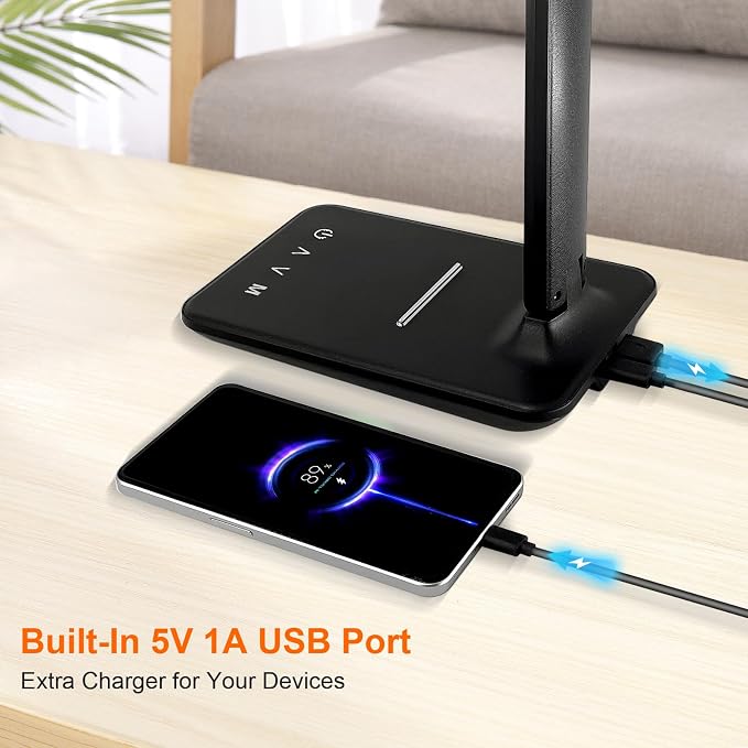 shinelife LED Desk Lamp for Office Home, Bright Desk Light with USB Charging Port, Adjustable Dimmable Desk Lamps 5 Modes 5 Brightness, Touch Study Lamp for Nail, Craft, Puzzle, Sewing, Study, Black