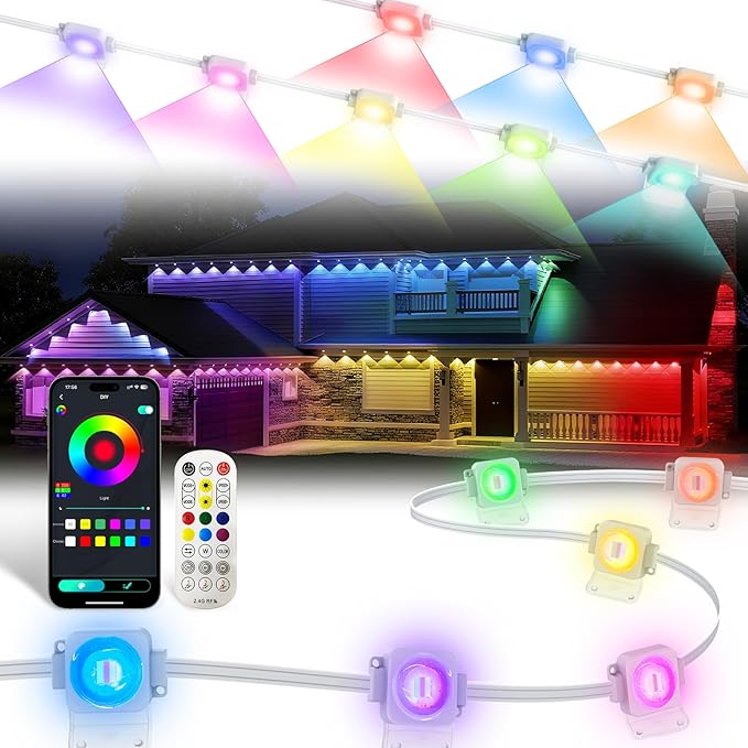 Permanent Outdoor Lights for House,200FT RGB IC Smart Permanent Eave Lighting with App/Remote Control,IP67 Waterproof,Music Sync,DIY Color Scenes,Year-Round Eaves Lighting for House Roof Decor