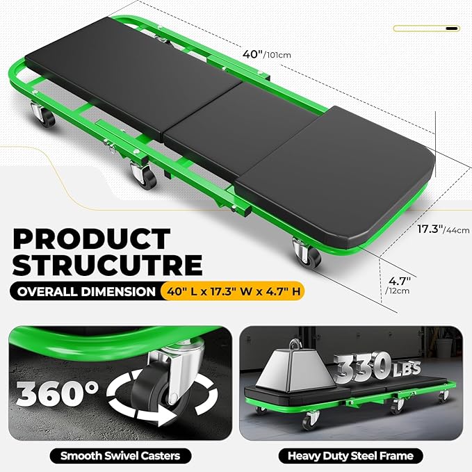 Auto Dynasty 40" Z-Creeper Seat, 2-in-1 Foldable Garage Creeper Shop Seat, 330 LBS Capacity Automotive Mechanic Repair Under Car Rolling Creeper Seat, Green