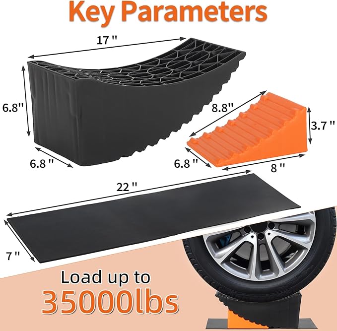 OULEME Raised Tire Change Ramp, Curved Leveling Blocks, for RV Camper Trailer Tire Lifts up to 6" with Wheel Chock, Rubber Pad, Dual Axle Tandem Wheel Aid (1 Pack)