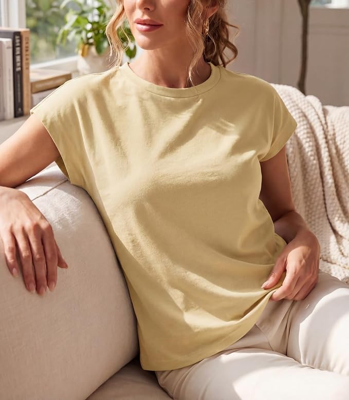 GRECERELLE Womens Summer Tops Cap Sleeve Crew Neck Basic T-Shirt | Everyday Casual Wear, Layering Friendly, Wrinkle-Resistant, Business Casual Ready, Lightweight & Packable, Capsule Wardrobe