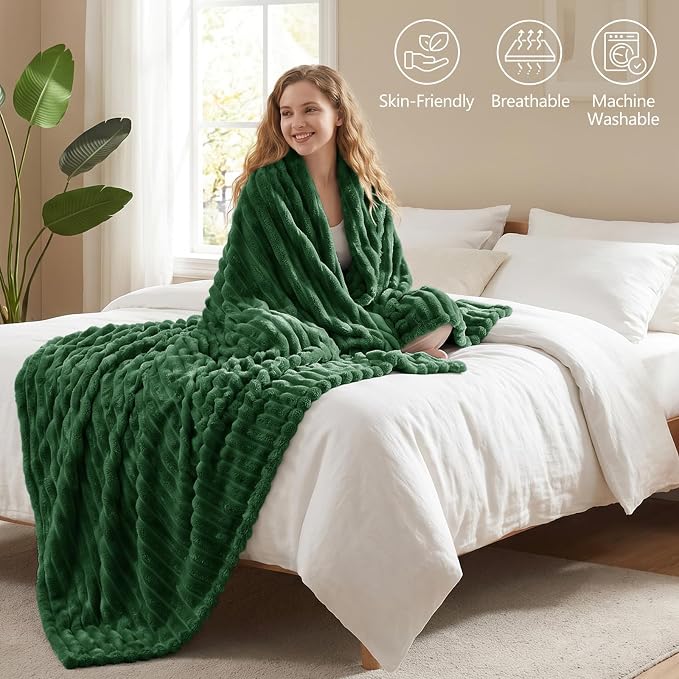 Dark Green Throw Blanket for Couch & Bed, 50 x 60 Inch | 300GSM Ribbed Fleece Blanket, Soft, Cozy & Lightweight, OEKO-TEX Certified, All-Season Use for Travel, Dorm & Home Decor