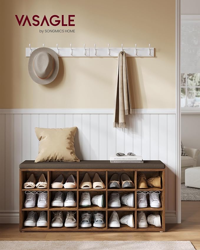 VASAGLE CUSTOS Collection - Shoe Bench, Storage Bench with Padded Seat, Entryway Bench with 15 Compartments, for Bedroom, 11.8 x 41.3 x 18.9 Inches, Rustic Brown and Chestnut Brown ULHS15BX