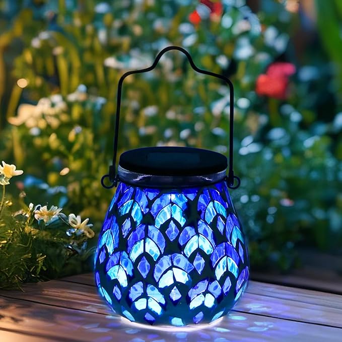 Afirst Mosaic Solar Lanterns - Glass Hanging Lights Hollow Out Waterproof Outdoor Decorative for Garden, Patio, Holiday Party Outdoor Decoration, 1 Pack