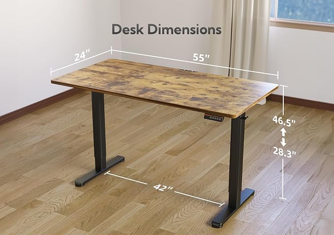YDN 55 x 24 Inch Vintage Brown Electric Standing Desk | Adjustable Height, Sit Stand, Cable Management, Ergonomic, Home Office
