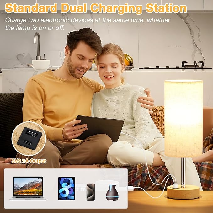 Dicoool Bedside Table Lamp Set of 2-3-Way Dimmable Touch Lamp, USB A+C | LED Bulb Included, USB C+A Charging Ports, Cream Fabric Lampshade, Metal Base, 14" Small Lamps for bedroom, Living Room