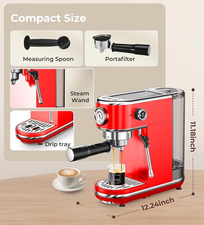 atatix 20 Bar Espresso Machine with Milk Frother, Compact Espresso Maker | Stainless Steel Coffee Machine with Precise Temp Control & 44oz Removable Water Tank for Latte, Cappuccino, Red