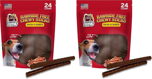 Country Kitchen Rawhide Free Chewy Stick Dog Treats, Bacon Flavor, 24 Count (Pack of 2)