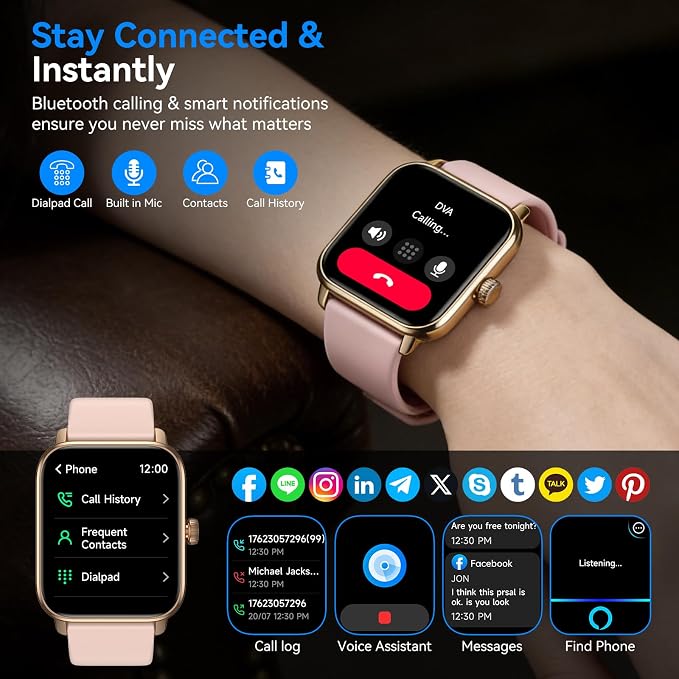 Smart Watches for Men Women with Alexa Built-in, Bluetooth Call, 1.85" HD Touchscreen, 120+ Sport Modes, IP68 Waterproof, 7-Day Battery, 24/7 Heart Rate & Sleep Monitor for Android iPhone (Pink)