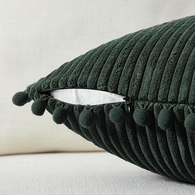 Fancy Homi 2 Pack Dark Green Lumbar Decorative Throw Pillow Covers 12x20 Inch with Pom-poms for Couch Bedroom Sofa, Soft Corduroy Solid Rectangle Cushion Case 30x50 cm, Farmhouse Boho Home Decor