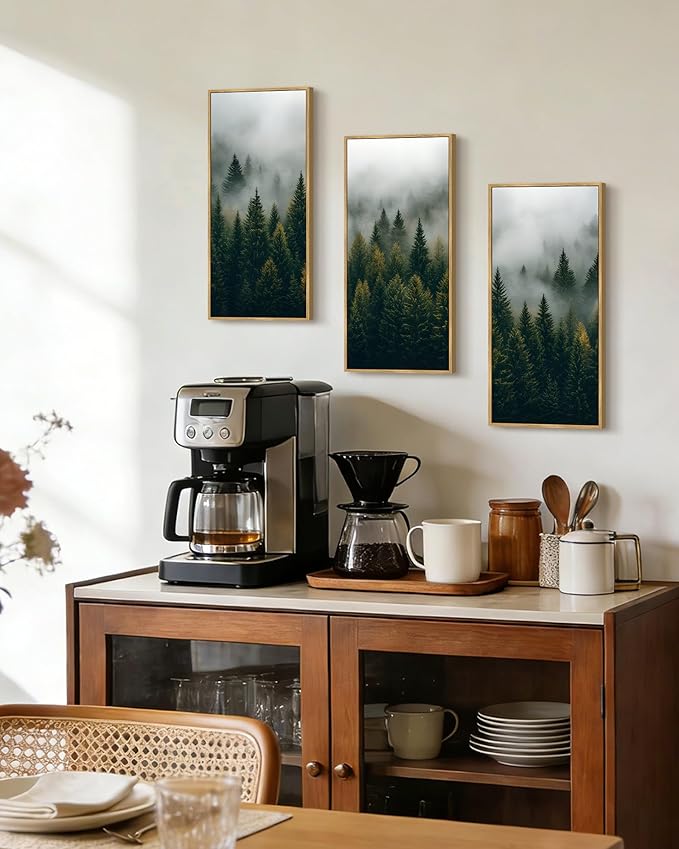 KUVIOKE Nordic Forest Wall Art Framed Misty Pine Tree Modern Prints Ready To Hang for Bedroom 8x16in3pcs Natural Framed