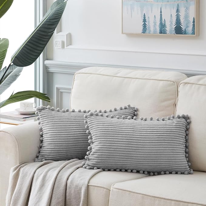 Fancy Homi Pack of 2 Boho Neutral Grey Lumbar Decorative Throw Pillow Covers with Pom-poms, Soft Corduroy Solid Rectangle Cushion Cases Set for Couch Sofa Bedroom Car(12x20 Inch/30x50 cm)