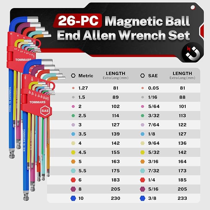 TOMMARS 26-PC Allen Wrenches Set Magnetic Ball End Extra Long Arm Allen Key Set With T-Handle Color Coded Hex Key Set SAE(0.05-3/8") Metric(1.27mm-10mm)