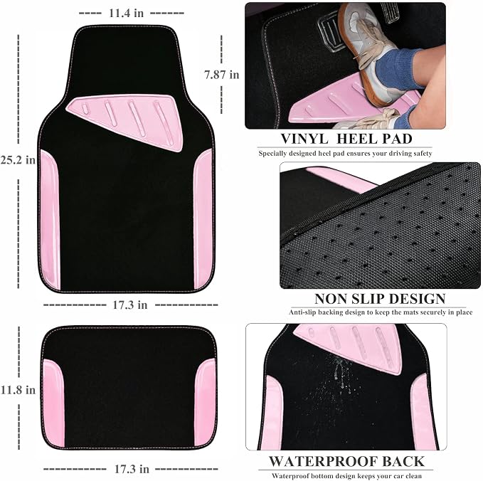CAR PASS Jelly Waterproof Universal Fit Car Floor Mats, Girly Car Carpet Mats with Anti-Slip Nibbs Backing & Driver Heel Pad Fit for SUV, Vans, sedans, Cute car mats of 4pcs for Women (Pink)