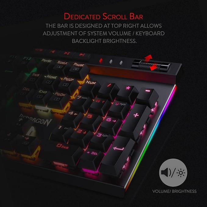 Redragon K580 Wired RGB Mechanical Gaming Keyboard, Macro Key & Media Wheel | 5 On-Board Keybinding Buttons for MMO MOBA Games, Dedicated Media Controls, Tactile Brown Switch for Long-Time Typing Feel