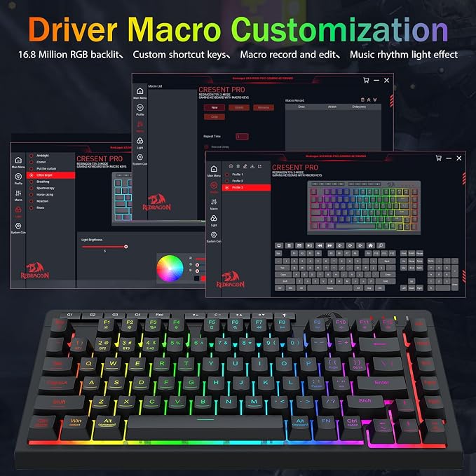 Redragon Wireless Gaming Keyboard, RGB Backlit, Portable 75% Design, Black | Bluetooth/2.4GHz/USB-C Wired, Mini Quiet Macro Membrane Keyboard, Rechargeable 4000mAh Battery, Anti-Ghosting for Win/MAC