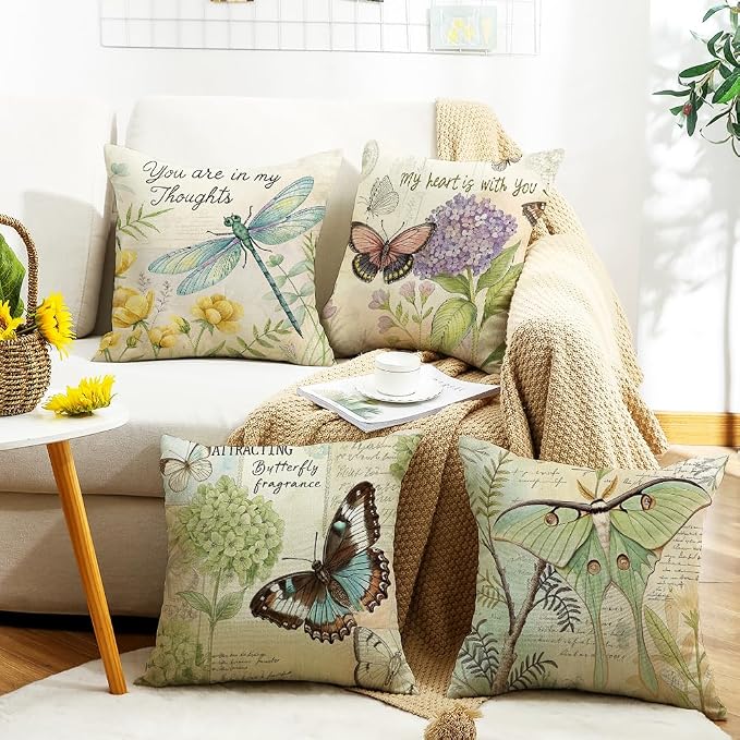wyooxoo Throw Pillow Covers 16x16 Set of 4 Spring Summer Pillow Covers Linen Flower Butterfly Farmhouse Pillowcases for Sofa Couch Living Room Outdoor