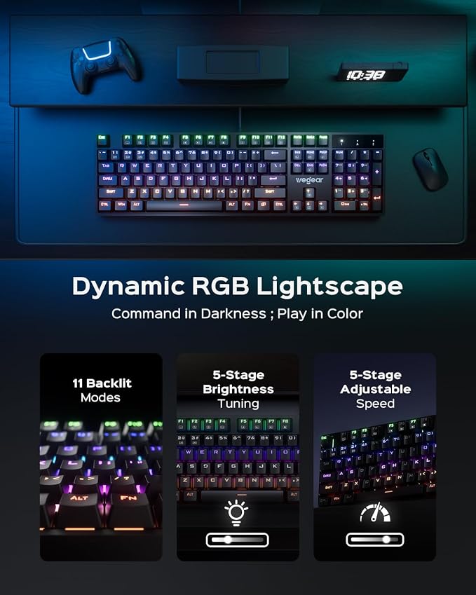 wegear Wired Mechanical Gaming Keyboard with Clicky Switch,104-Key, Black | Full Size, 11 Modes RGB Backlit, Anti-Ghosting, Double-Shot ABS Keycaps, Lighted Computer Key-Board for PC Windows