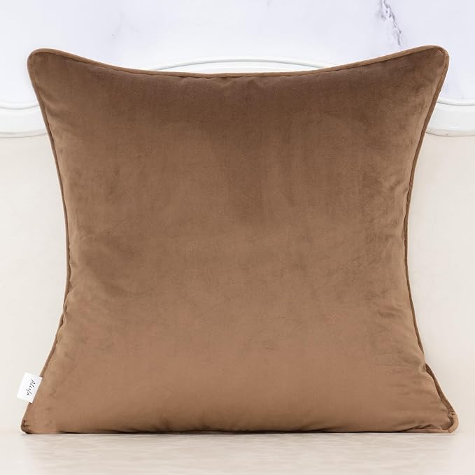 Alerfa Brown Throw Pillow Cover 20x20 Inch, Square Cut Velvet Maple Leaf Embroidery Luxury Farmhosue Accent Decorative Pillow Cover for Couch Living Room Bedroom