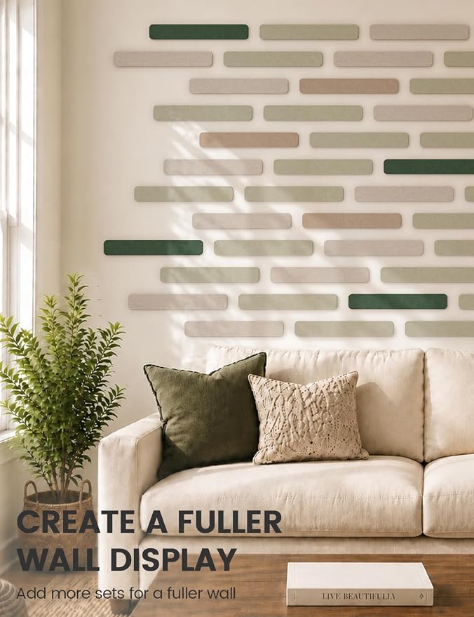 Fluxynara 13" x 2" Felt Wall Panels, Nordic Moss | 5-Pack Cork Board Alternative with 35 Push Pins, Adhesive Mounting for Bedroom Door or Home Office