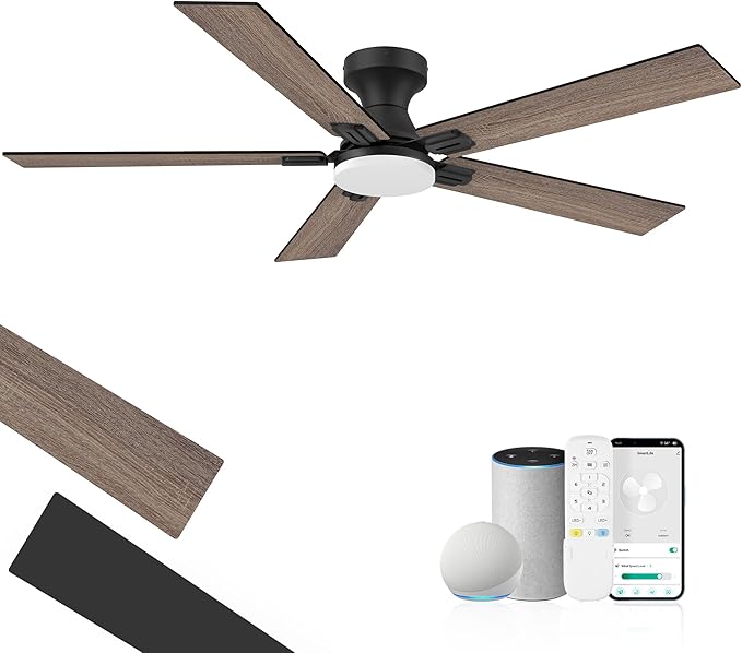 cumilo 52 inch Smart Low Profile Ceiling Fan with Lights Remote,Control via Alexa APP WIFI,Quite DC Motor,Dimmable LED,Flush Mount Outdoor Indoor Ceiling Fans for Bedroom Patio Porch,Black&Walnut