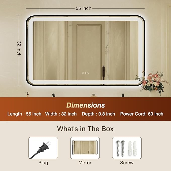 32x55 Inch Black Framed LED Bathroom Mirror with Lights, Built-in Bluetooth Speaker,Tempered Glass,Dimmable Lighted Bathroom Vanity Mirror with 3 Colors, Backlit + Frontlit, Memory, Anti-Fog