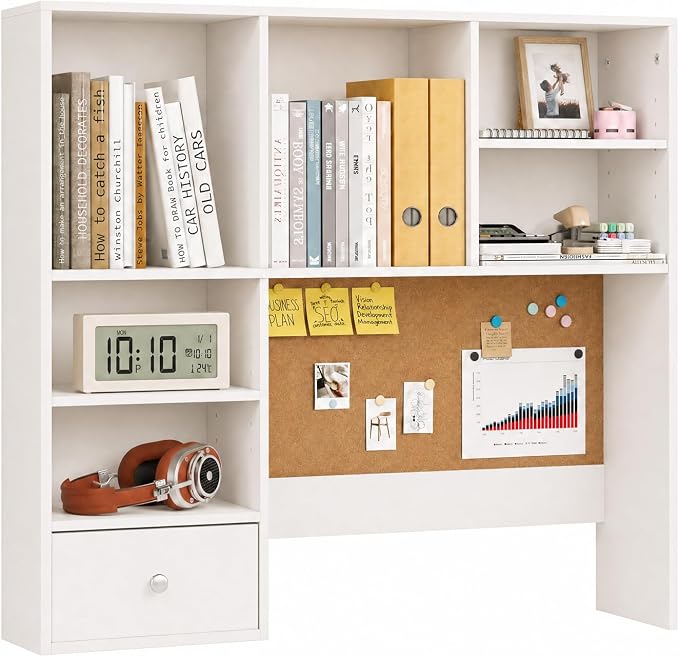 Desk Hutch Dorm with Cork Board, Shelves and Drawer | Desktop Bookshelf for College Dorm, Student Bedroom, White