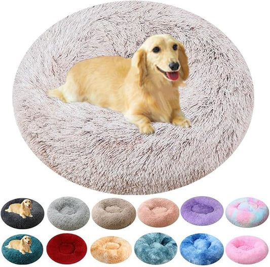Calming Large Dog Bed & Cat Bed, 43 Inch Anti-Anxiety Donut Dog Cuddler Cat Bed, Warming Cozy Soft Dog Round Bed, Fluffy Faux Fur Machine Washable Pet Cushion for Medium Dogs & Cats (Coffee White)