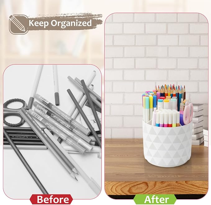 Desk Organizer, 360-Degree Rotating Pencil Pen Holders For Desk, Diamond Pattern Pen Organizer With 5 Compartments, Cute Desk Accessories Decor For Office, School,Home,Art Supply (Pink)