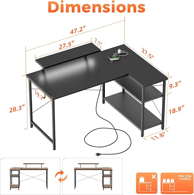 Mericonia 48 in Corner Desk with Monitor Stand, Small L Shaped Gaming Desk | Reversible Computer Desk with Power Outlets, LED Light & Storage Shelves, Office Table for Home Bedroom Study Work Writing