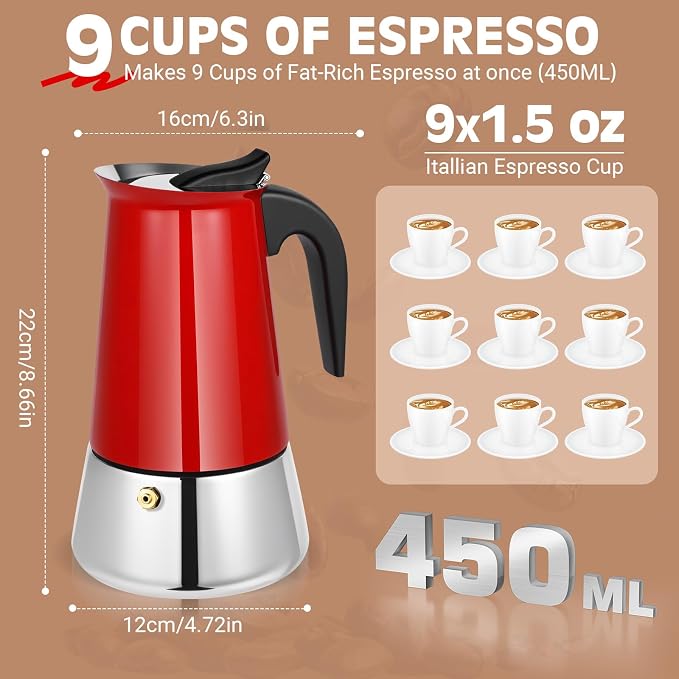 9 Cup Stainless Steel Moka Pot, 450ml Stovetop Espresso Maker, Red | 304 Stainless Steel Mocha Pot, Induction Compatible, Greca de Cafe, Cuban and Italian Coffee Maker