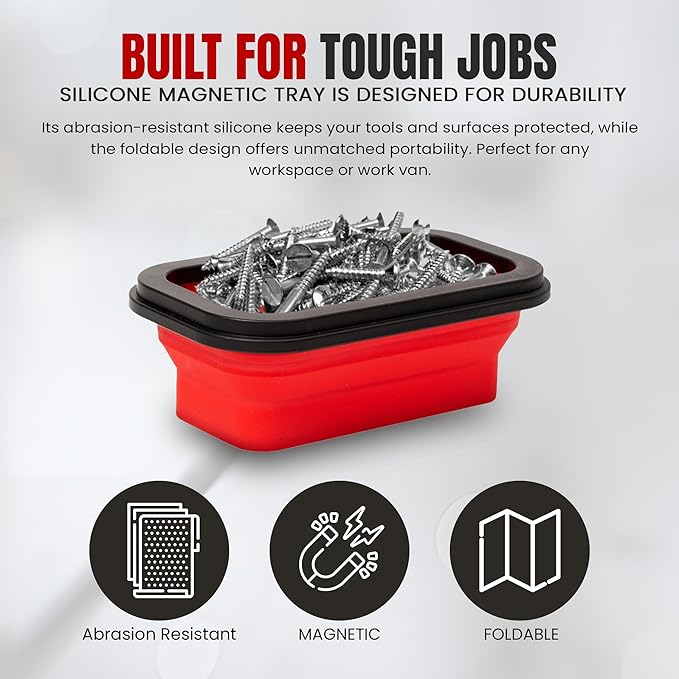 Magnetic Parts Tray Set 3-Pack - Collapsible Silicone Magnetic Tray with Strong Base - Multi-Size (Red)