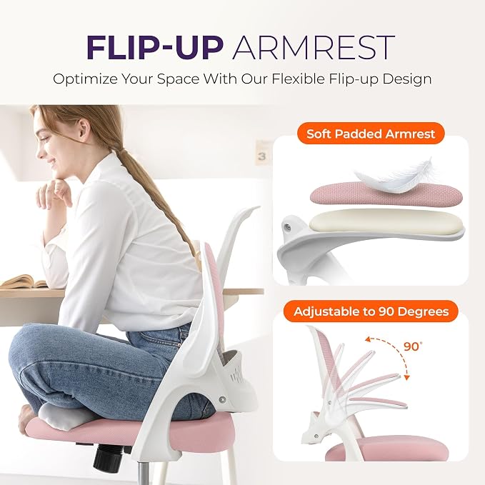 NEO CHAIR Office Desk Gaming Ergonomic Computer Chair with Lumbar Back Support Adjustable Height Swivel Rolling Wheels Flip-up Arms Mesh Chair for Home Vanity (Pink) | Lumbar Support, Height Adjustment, 360° Swivel and Rolling Base, Space-Saving Design...