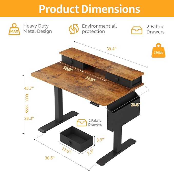 Electric Standing Desk Adjustable Height - 40 Inch Sit Stand Desk with Storage Drawers , Small Standing Desks with Shelf Monitor Stand, Kids Girls Computer Desks for Bedroom Home Office, Rustic Brown