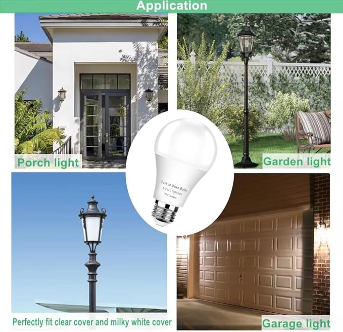 4-Pack Dusk to Dawn Light Bulbs Outdoor, 10W (75W Equivalent) E26 A19 LED, 4000K Cool White, 1100LM, Auto On/Off Sensor Security Bulb for Porch, Garage, Garden