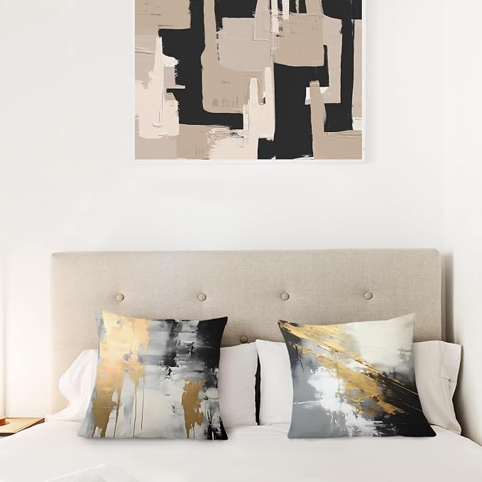 Black & Gold Pillow Covers, Abstract White & Gold Set of 2, 24x24 Modern Pillows for Couch & Bed