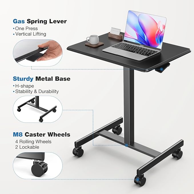 DUMOS Mobile Rolling Desk with Wheels Adjustable Height | Small Standing Desks Portable Laptop PC Table, Computer Workstation for Home Office Small Space, Black