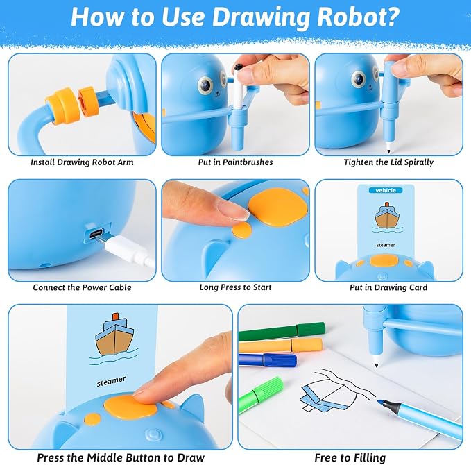 TREEFIA Drawing Robot for Kids, Drawing Robot for Kids 6 7 8 9 10 11 12 Year Old, Doodle Bot Toy with 100 Drawing Cards & 16 Color Pens for Girls and Boys