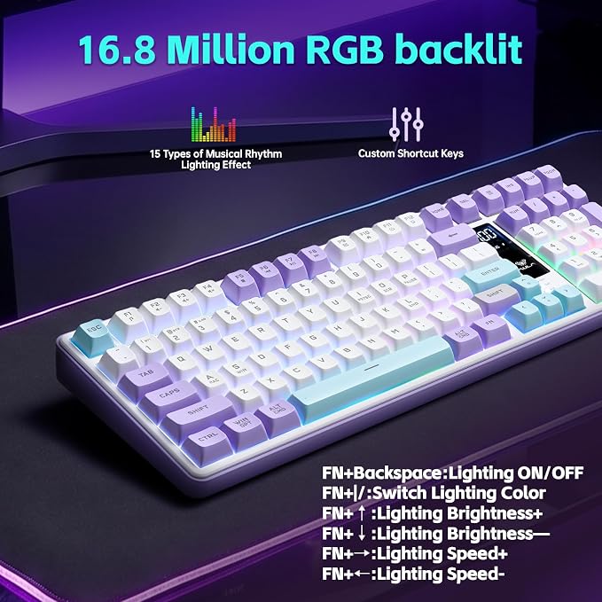 Aula S99pro V2 Wireless Gaming Keyboard,Silent Computer Keyboards,Creamy Membrane Keyboard with Number Pad,Tri-Mode Bluetooth/2.4GHz/USB-C,RGB Backlit,Digital Display Screen - Star Illusion Purple