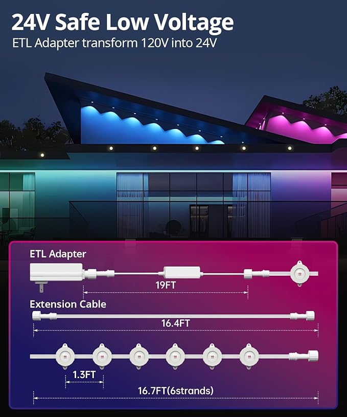 Smart Permanent Outdoor Lights, 100ft with 72 LED RGB String Lights, IP67 Waterproof Eaves Light with 44 Scene Modes for Halloween Christmas Birthday Holiday Party, APP/Voice/Remote Control