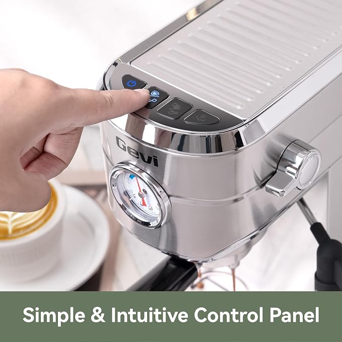Gevi 20 Bar Espresso Machine with Milk Frother,Compatible with Pods&Ground | Compatible with Nespresso Pods&Ground; Built-in pressure gauge; Removable Water Tank; Make Americanos、Latte; Easy to Clean;