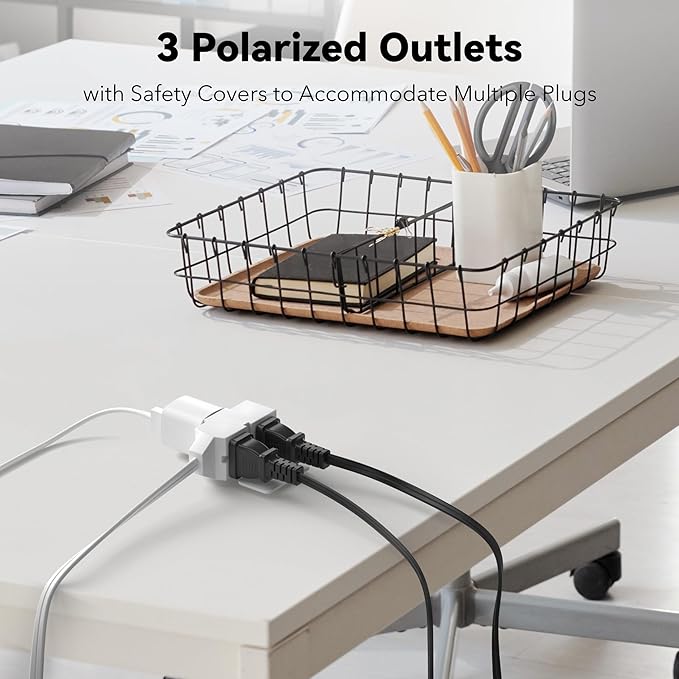 BN-LINK 9ft 3 Outlet Indoor Extension Cord 16/2 SPT-2, 2 Pack White, 2 Prong Polarized Plug, Household Power Cord for Home, Office, and Holiday Decorations