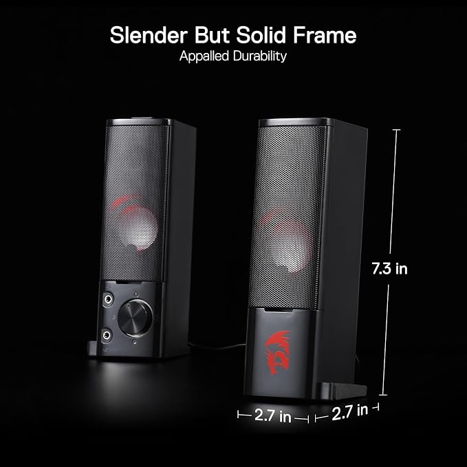 Redragon GS550 PC Gaming Speakers 2.0 Channel Stereo Enhanced Sound, Black | Compact Maneuverable Size, Headphone Jack, Decent Red Backlight, Plug & Play USB Powered Desktop Computer Speaker